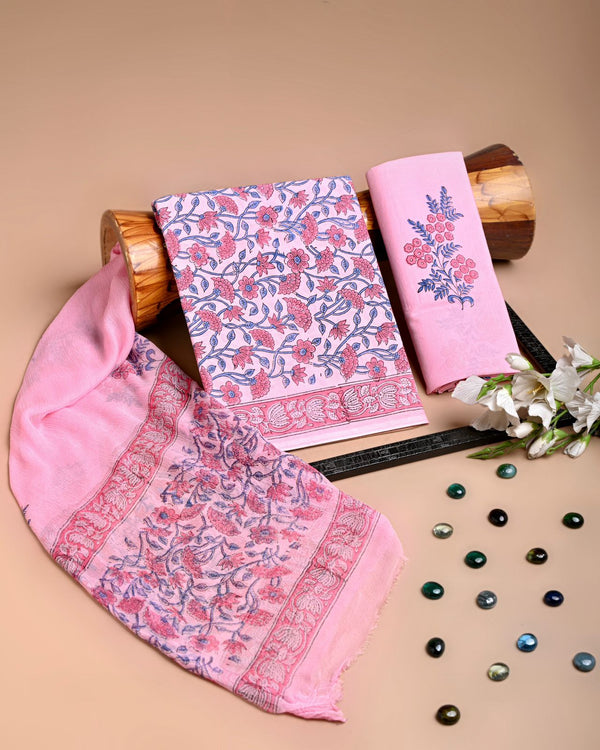 New Premium Hand Block Print Cotton Suit Set with Chiffon Dupatta