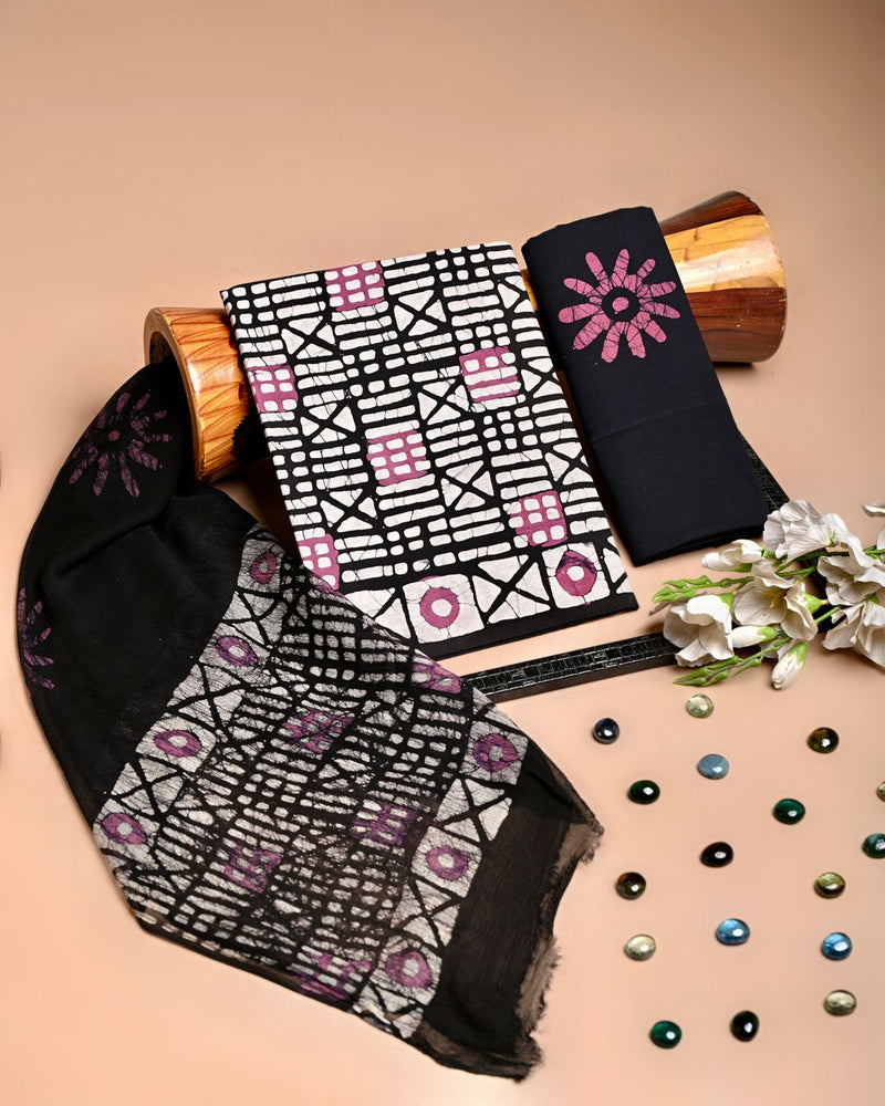 Premium Hand Block Print Cotton Suit Set with Chiffon Dupatta