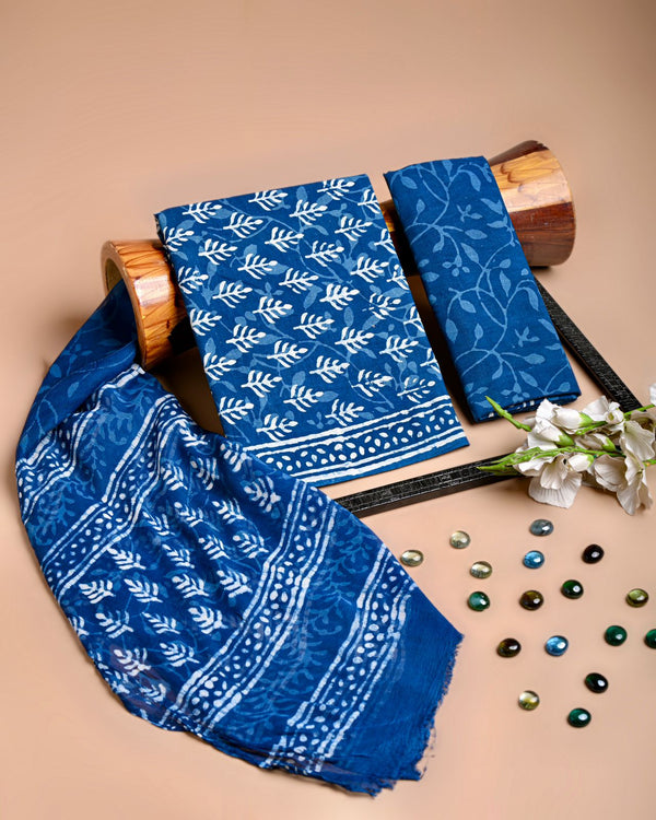 Hand Block Print Cotton Suit Set with Chiffon Dupatta
