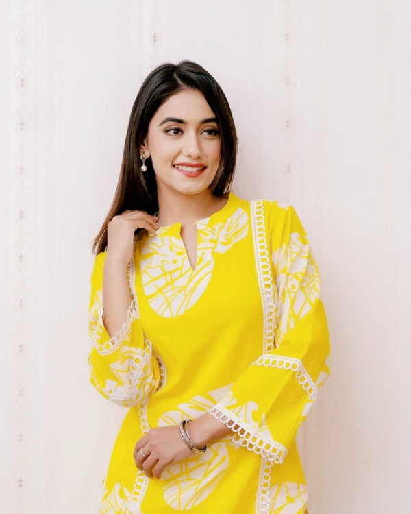 Brighten your wardrobe with betel leaf print co-ord set Vibrant yellow co_ord set featuring an elegant betal leaf print