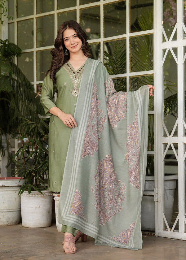 Premium Beautiful Roman modal silk kurti with classy comfort pant and silk printed dupatta