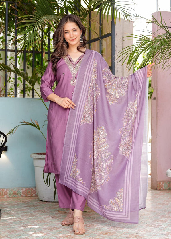 Premium Beautiful Roman modal silk kurti with classy comfort pant and silk printed dupatta