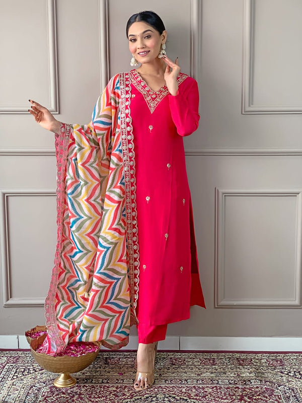 Launching Viscose Fabric, Comfortable And Attractive Sut Set Which Is Beautifully Decorated With Embroidery And Thread Work. It Is Paired With Matching Pants And Dupatta