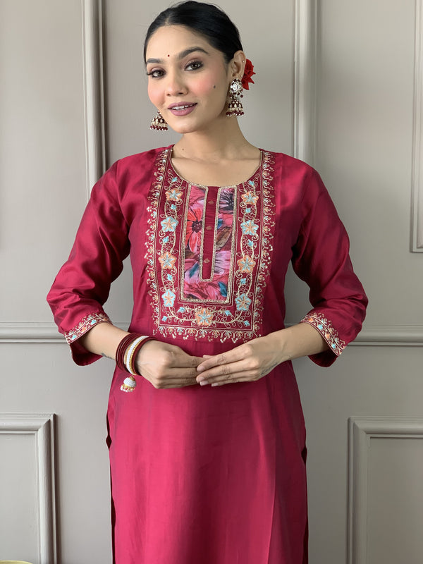 Featuring Beautiful Viscose Chanderi Suit Set Which Is Beautifully Decorated With Coding Embroidery Work. It Is Paired With Matching Dupatta And Pant