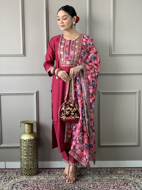 Featuring Beautiful Viscose Chanderi Suit Set Which Is Beautifully Decorated With Coding Embroidery Work. It Is Paired With Matching Dupatta And Pant