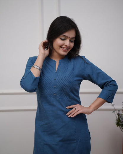 Upgrade your office wear wardrobe with this classy (teal blue, black ) kurti pantwith pintex detailing for all day comfort and trendy look🌸🌸