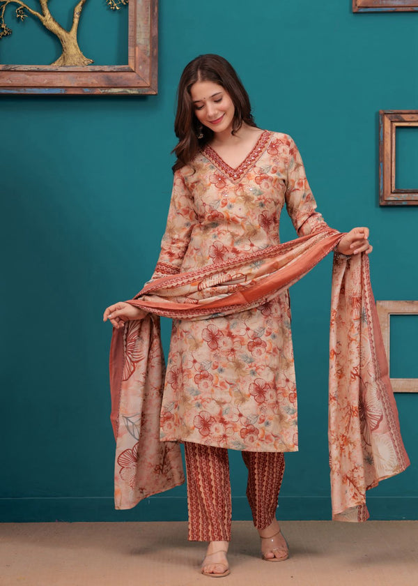 We are here to spread some magic to your ethnic heavy Muslin Kurti with pant and floral print dupatta set