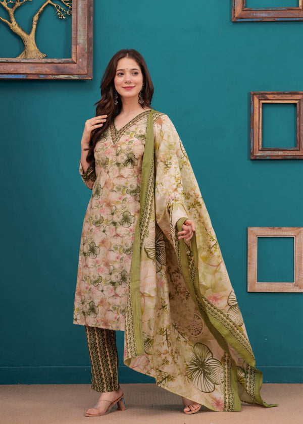 We are here to spread some magic to your ethnic heavy Muslin Kurti with pant and floral print dupatta set