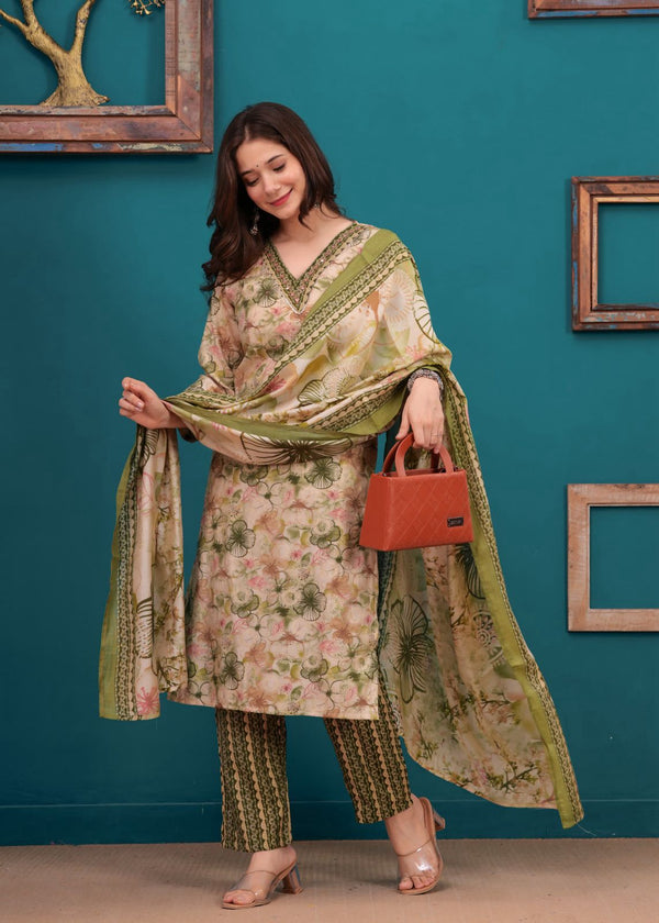 We are here to spread some magic to your ethnic heavy Muslin Kurti with pant and floral print dupatta set