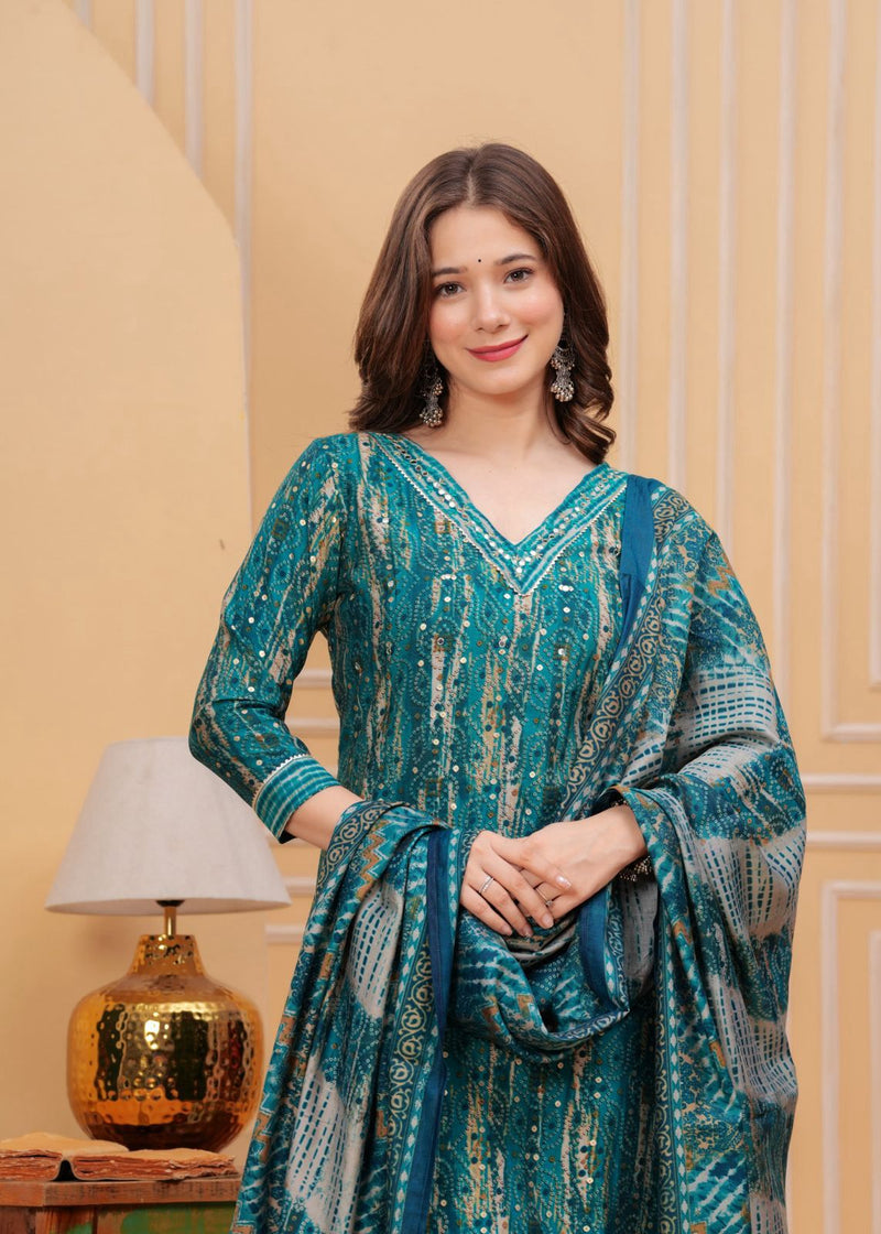 We are here to spread some magic to your ethnic heavy Muslin Kurti with pant and floral print dupatta set