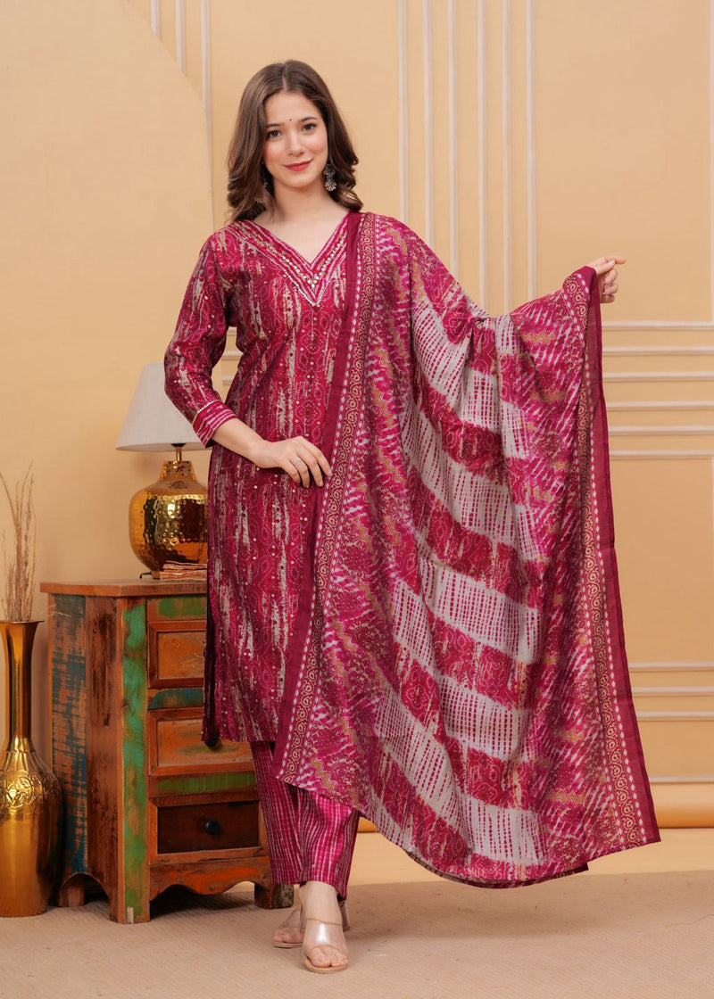 We are here to spread some magic to your ethnic heavy Muslin Kurti with pant and floral print dupatta set