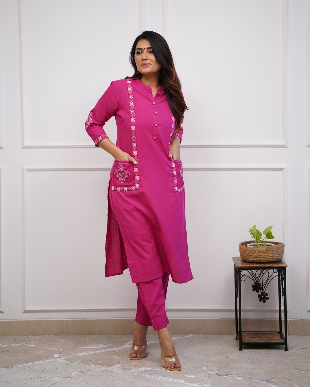 Upgrade your office wear wardrobe with this classykurti pant with embroidery button work detailing for all day comfort and trendy look