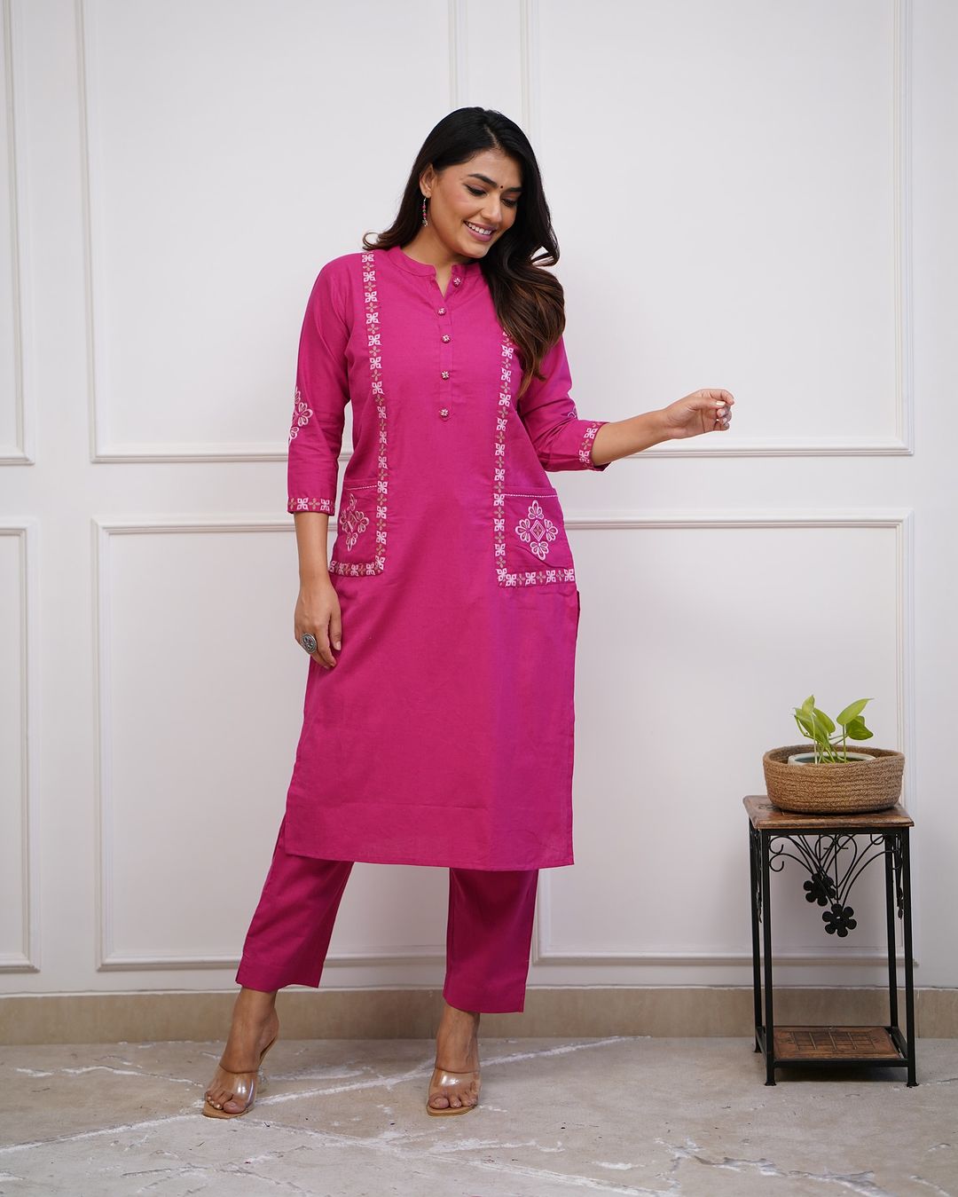 Upgrade your office wear wardrobe with this classykurti pant with embroidery button work detailing for all day comfort and trendy look