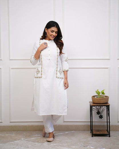 Upgrade your office wear wardrobe with this classykurti pant with embroidery button work detailing for all day comfort and trendy look