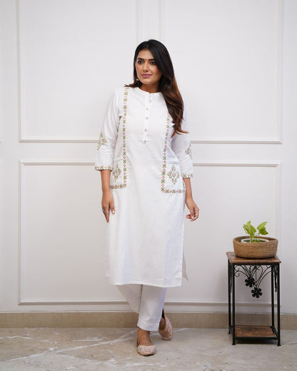 Upgrade your office wear wardrobe with this classykurti pant with embroidery button work detailing for all day comfort and trendy look