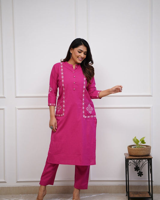 Upgrade your office wear wardrobe with this classykurti pant with embroidery button work detailing for all day comfort and trendy look