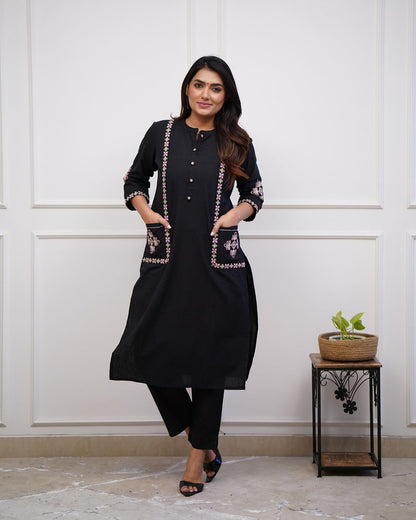 Upgrade your office wear wardrobe with this classykurti pant with embroidery button work detailing for all day comfort and trendy look