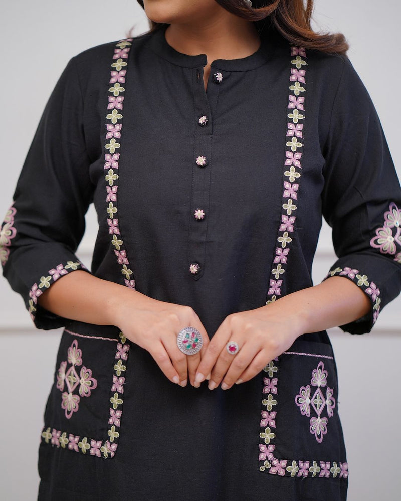 Upgrade your office wear wardrobe with this classykurti pant with embroidery button work detailing for all day comfort and trendy look