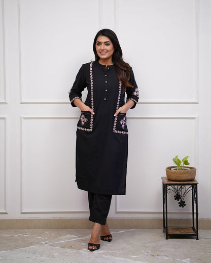 Upgrade your office wear wardrobe with this classykurti pant with embroidery button work detailing for all day comfort and trendy look