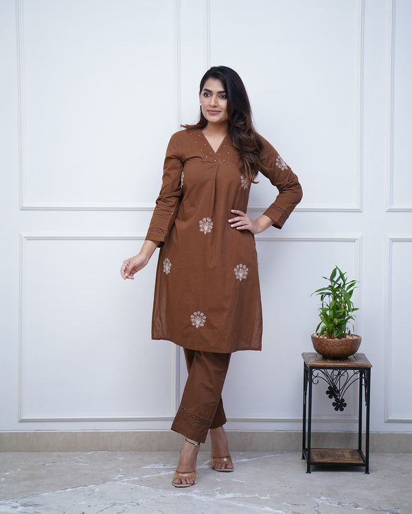 Upgrade your office wear wardrobe with this classy kurti &nbsp;embroidery detailing moti lace work on neckline with lace work pant for all day comfort and trendy look (Copy)