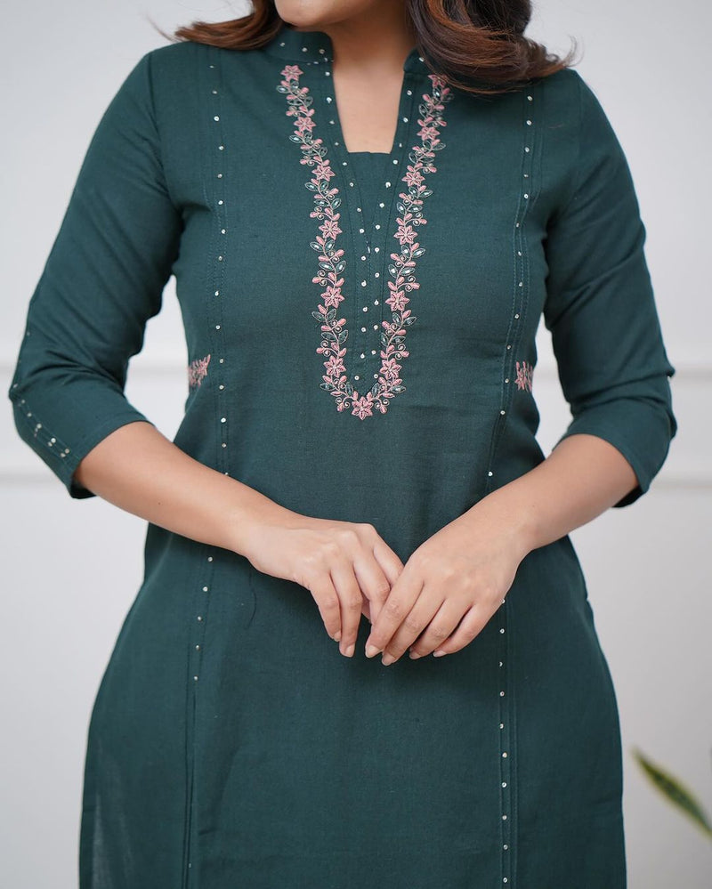 Pure cotton pleated pattern kurta with heavy embroided panels and sequence work..