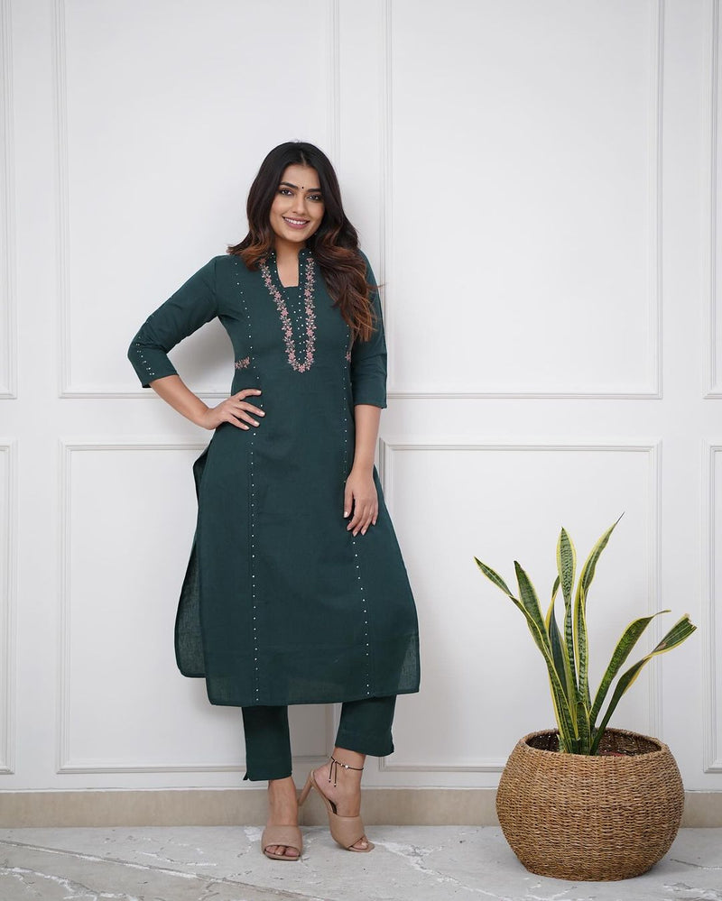 Pure cotton pleated pattern kurta with heavy embroided panels and sequence work..