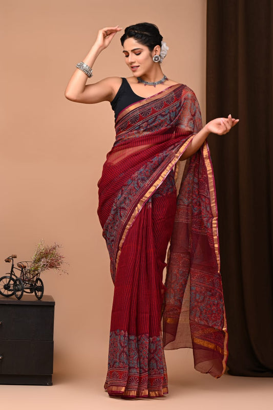 Exclusive hand Block Printed Kota Doria Saree (SWSRKO16)