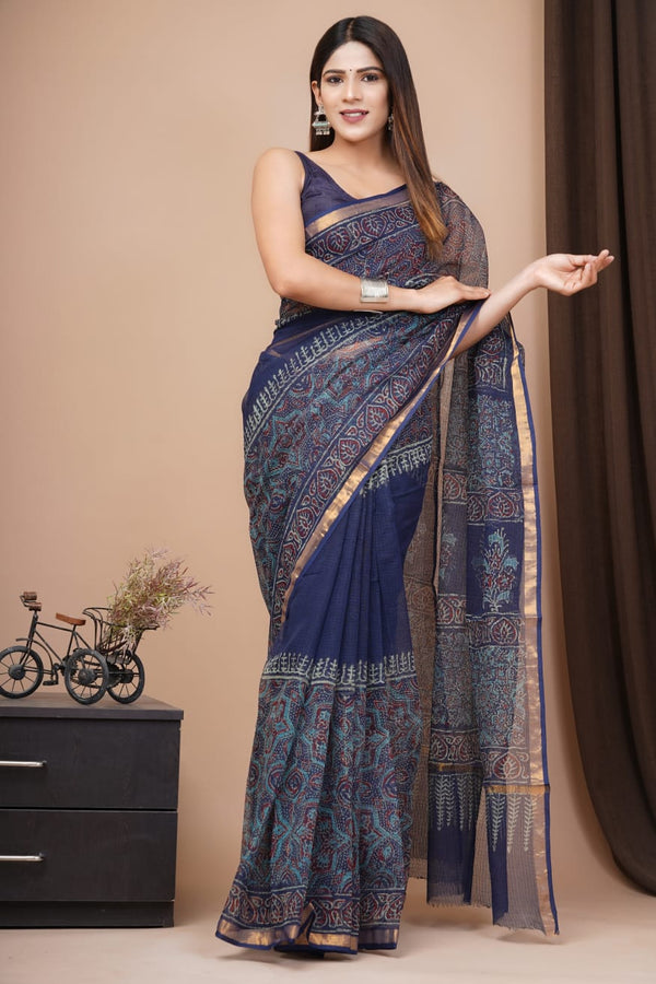 Exclusive hand Block Printed Kota Doria Saree (SWSRKO33)