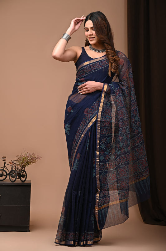 Exclusive hand Block Printed Kota Doria Saree (SWSRKO28)