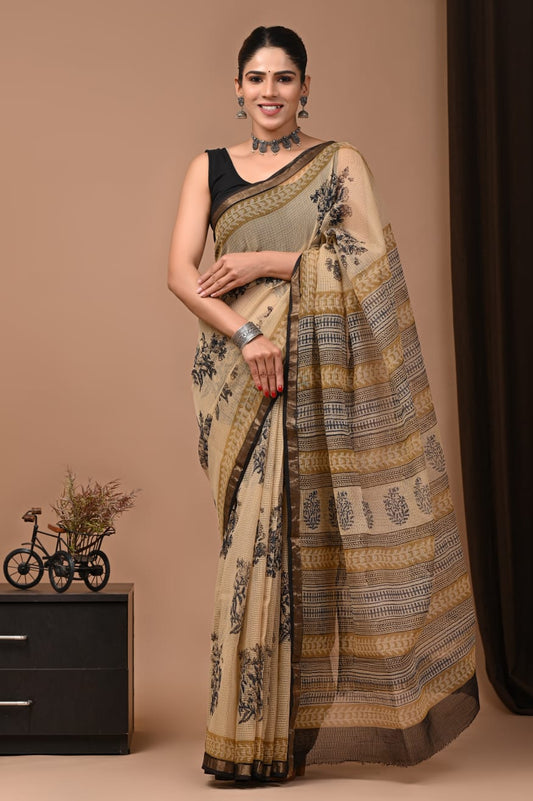 Exclusive hand Block Printed Kota Doria Saree (SWSRKO27)