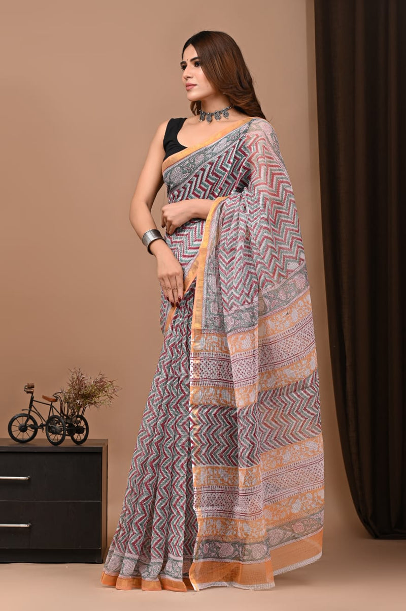 Exclusive hand Block Printed Kota Doria Saree (SWSRKO17)