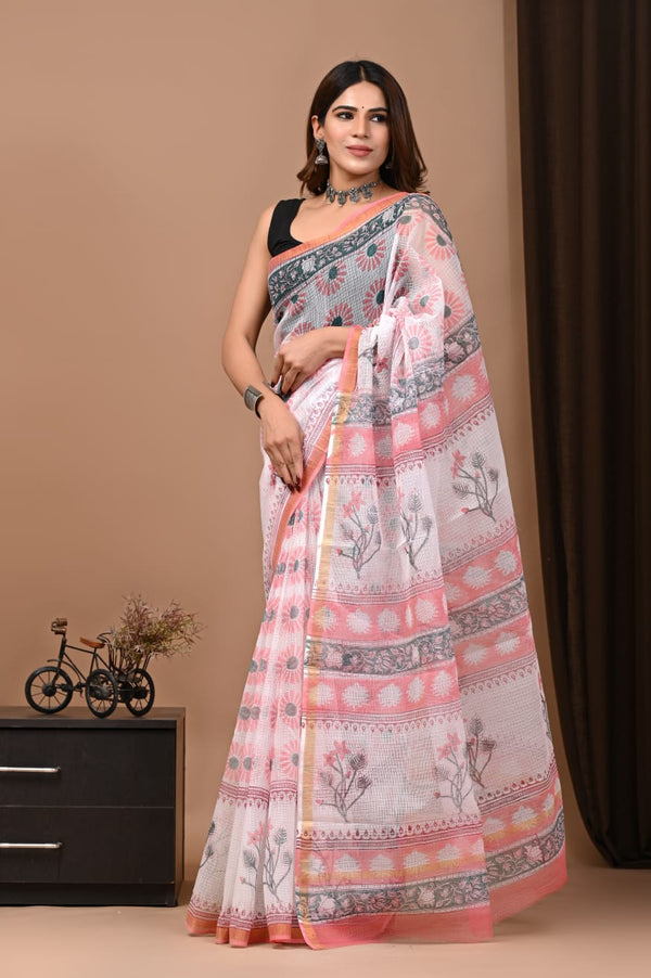 Exclusive hand Block Printed Kota Doria Saree (SWSRKO22)