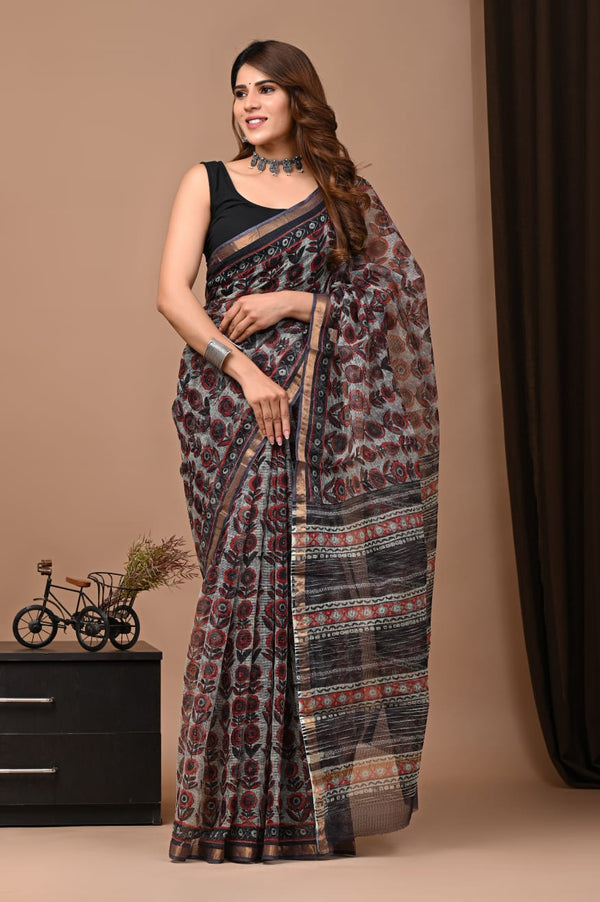 Exclusive hand Block Printed Kota Doria Saree (SWSRKO14)