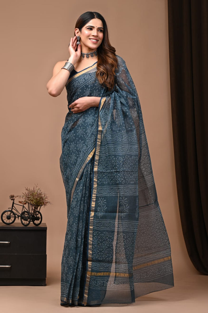 Exclusive hand Block Printed Kota Doria Saree (SWSRKO04)