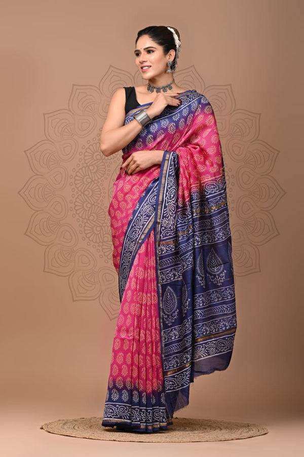 Premium Hand Block Printed Chanderi Silk Saree