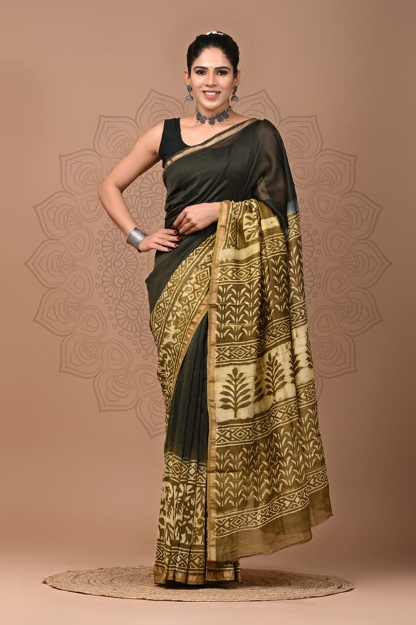 Premium Hand Block Printed Chanderi Silk Saree