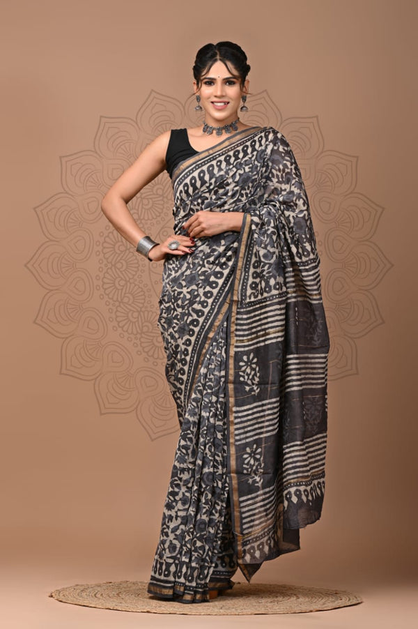 Premium Hand Block Printed Chanderi Silk Saree