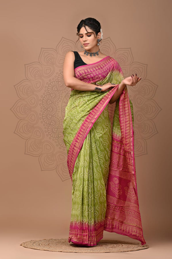 Premium Hand Block Printed Chanderi Silk Saree