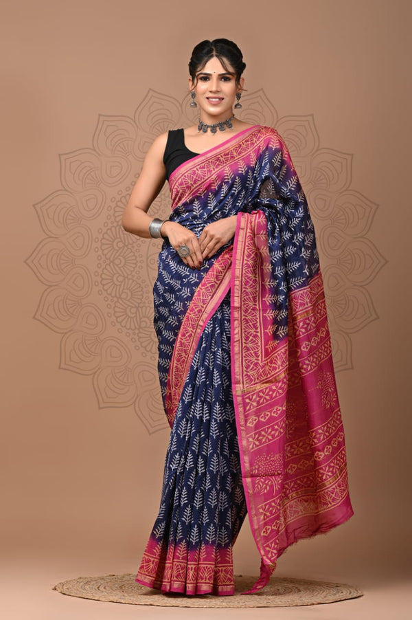 Premium Hand Block Printed Chanderi Silk Saree