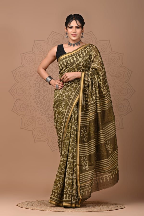 Premium Hand Block Printed Chanderi Silk Saree