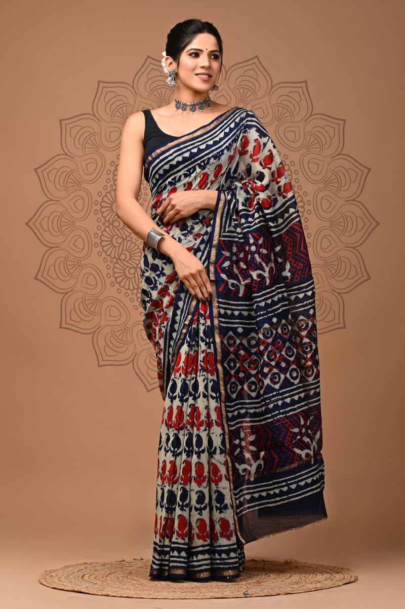 Premium Hand Block Printed Chanderi Silk Saree (SWSRCHACH27)