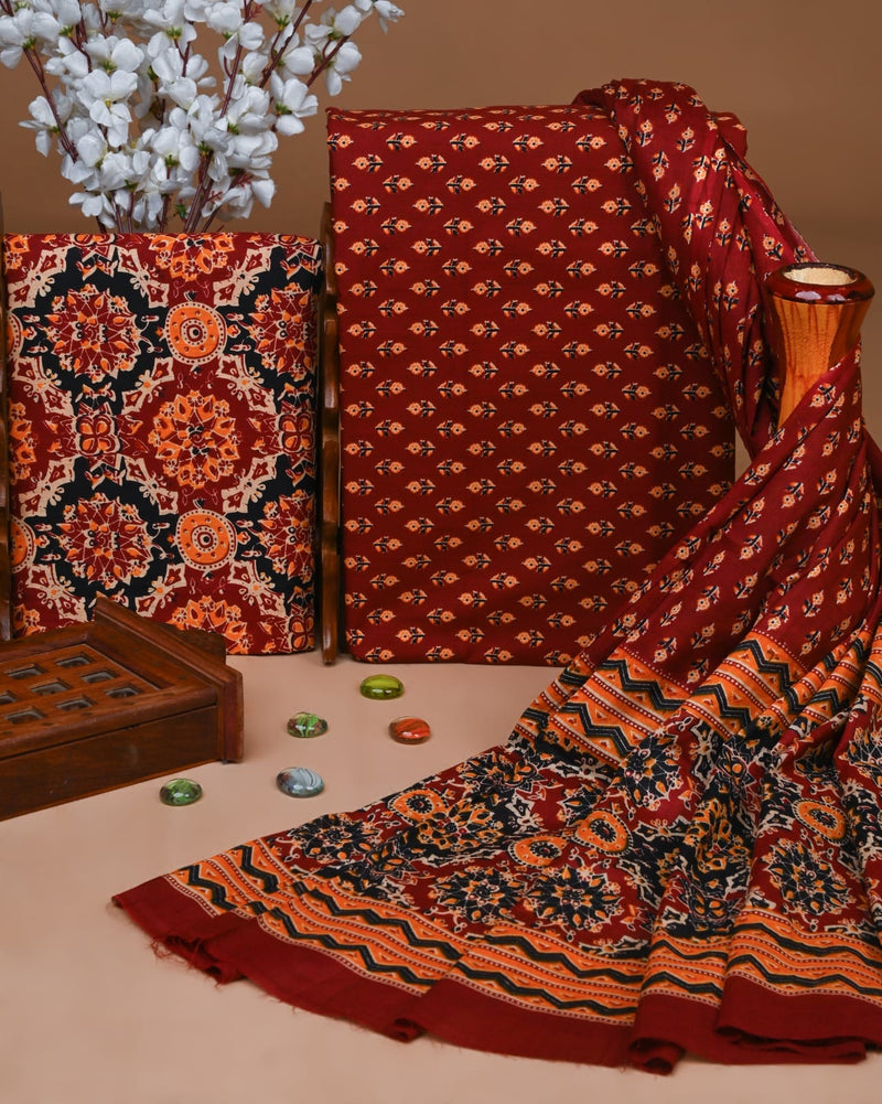 TRADITIONAL HAND BLOCK PRINT COTTON SUIT SET WITH MULMUL DUPATTA