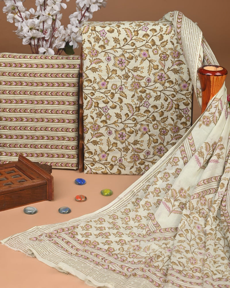 Premium Hand Block Print Cotton Suit Set with Mulmul Dupatta