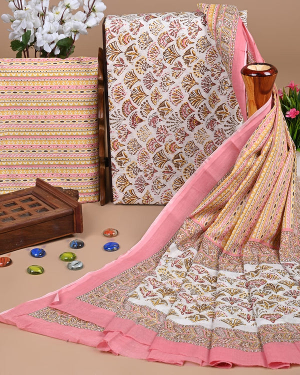 ELEGANT HAND BLOCK PRINT COTTON SUIT SET WITH MULMUL DUPATTA