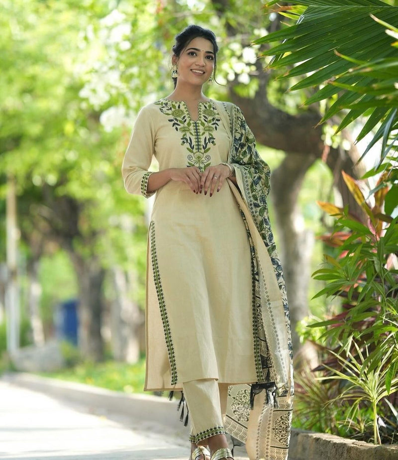 Our beautiful silk dupatta with all over kurta embroidered nd beautiful sleves embroidery work cotton kurta paired with standard same  bottom fabric paired with beautiful art silk dupatta