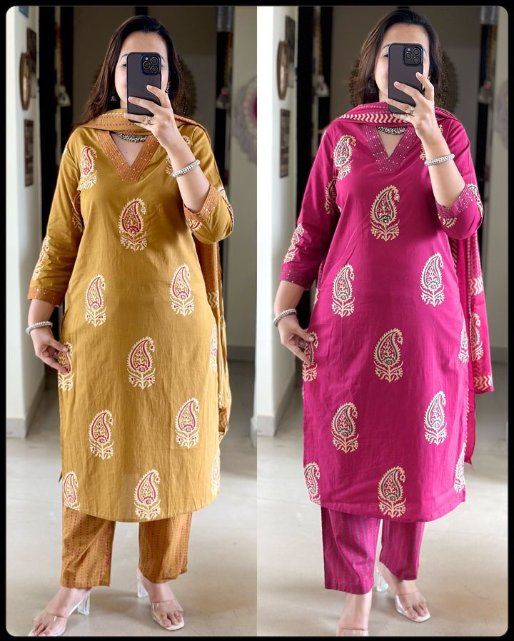 Pure fine Cotton fabric Kurti with Pant with cotton 100-100 Dupatta🌹🌹Nack Hand work