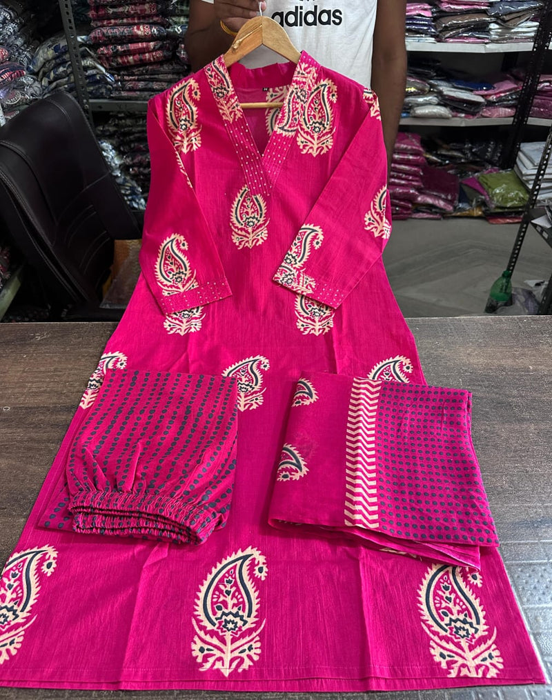 Pure fine Cotton fabric Kurti with Pant with cotton 100-100 Dupatta🌹🌹Nack Hand work