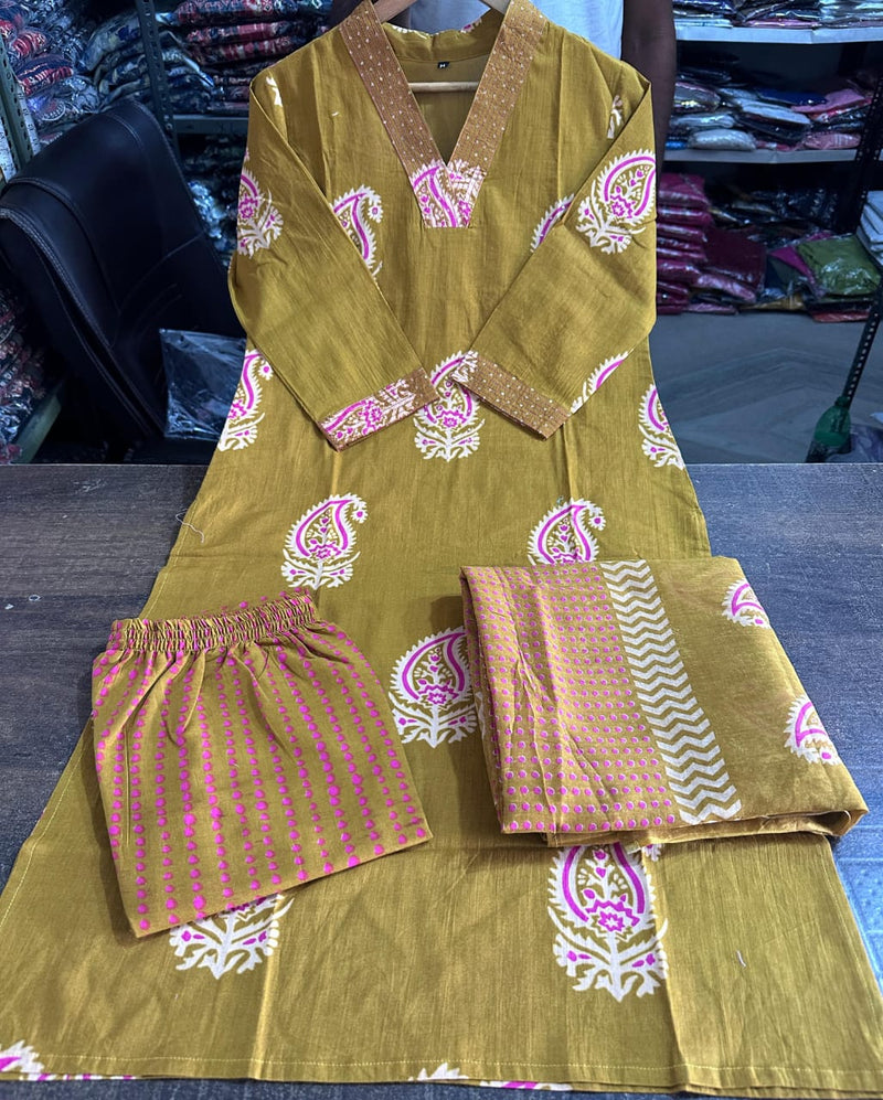 Pure fine Cotton fabric Kurti with Pant with cotton 100-100 Dupatta🌹🌹Nack Hand work