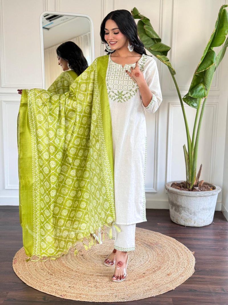 Our beautiful silk dupatta with all over kurta embroidered nd beautiful sleves embroidery work cotton kurta paired with standard same  bottom fabric paired with beautiful art silk dupatta