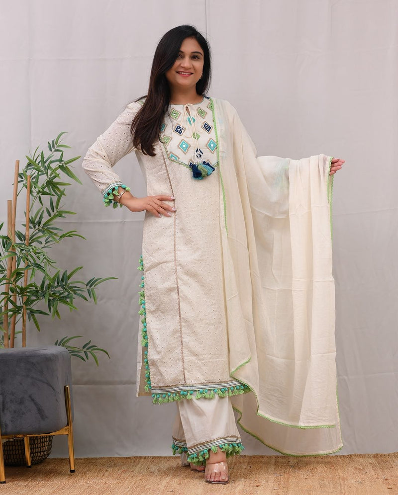 Cotton Sciffili Embroidered kurti Pant dupatta set